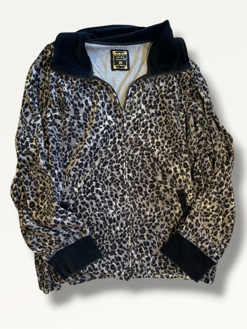 Three Hearts Leopard Print Velour Full Zip Jacket Plus Size 2X Heart Charm